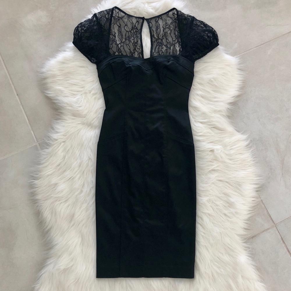 Bebe Black Satin & Lace Bandage Dress, size S